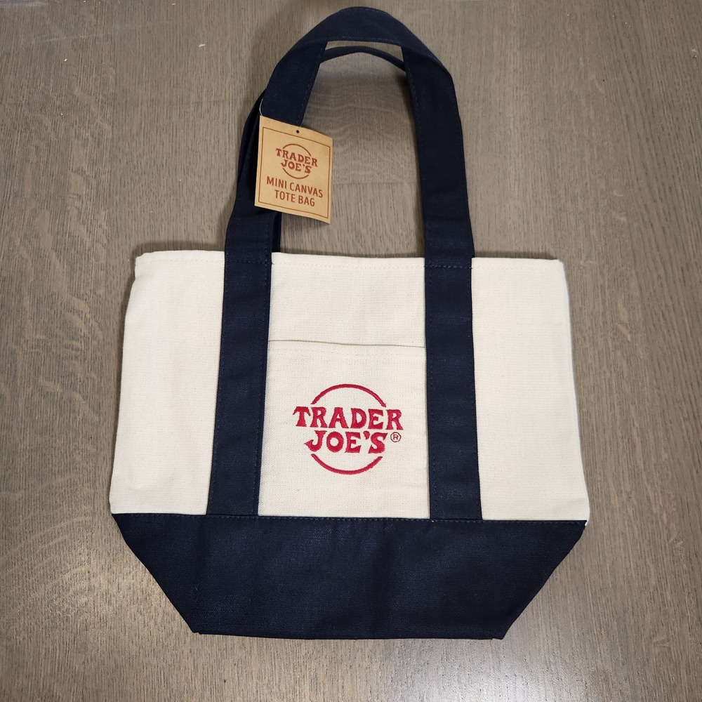 New Trader Joe's Mini Canvas Tote Bag Navy Blue And Off-White Grocery Handbag